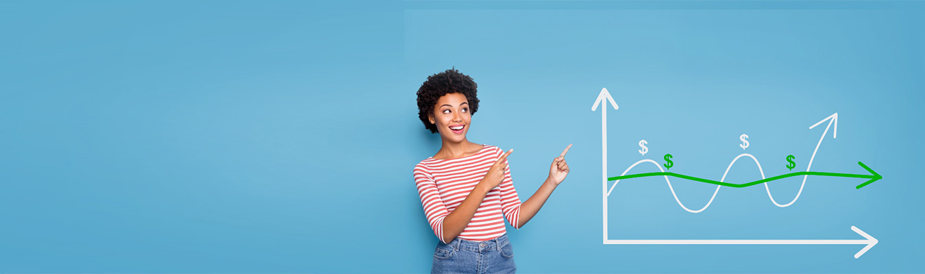 a young black woman pointing to a graph on her left depicting even budget billing amounts